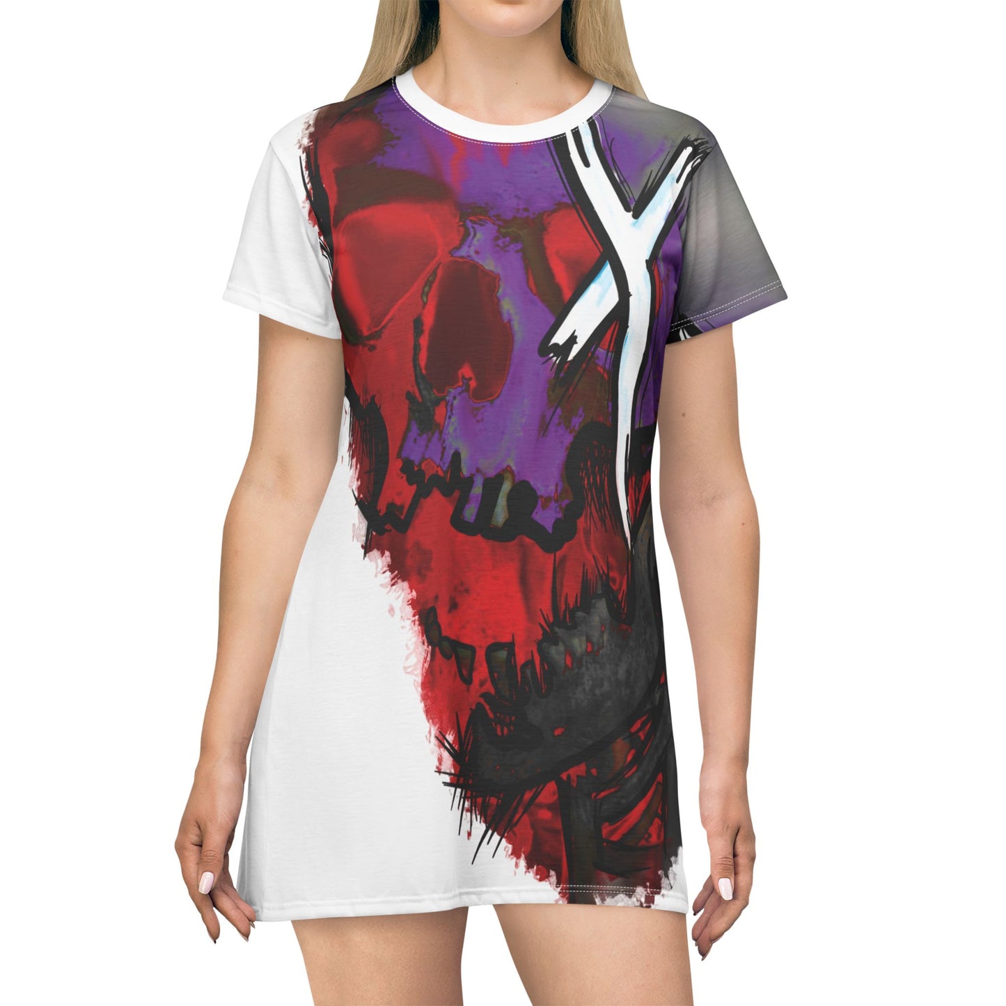 Bold Graphic T-Shirt Dress - Edgy Skull Print, Casual Summer Dress, Festival Wear, Unique Street Style, Gift for Her