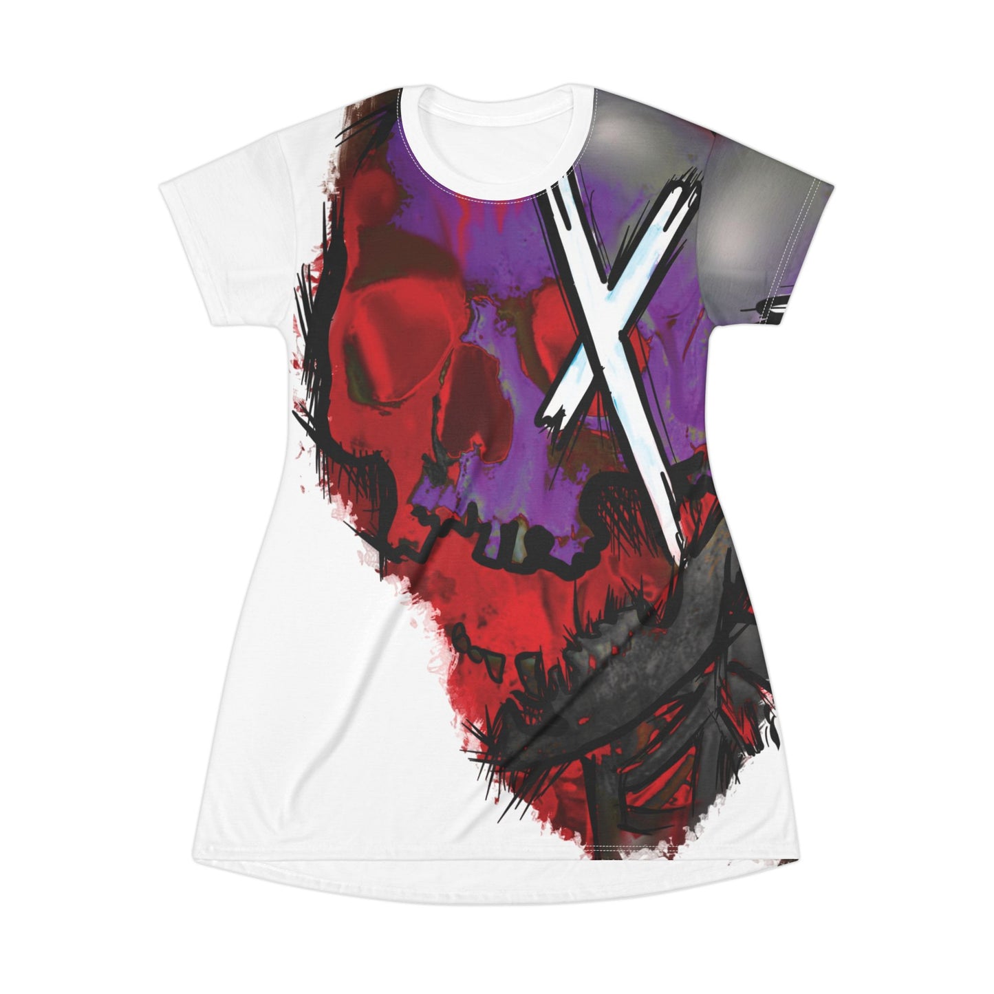 Bold Graphic T-Shirt Dress - Edgy Skull Print, Casual Summer Dress, Festival Wear, Unique Street Style, Gift for Her